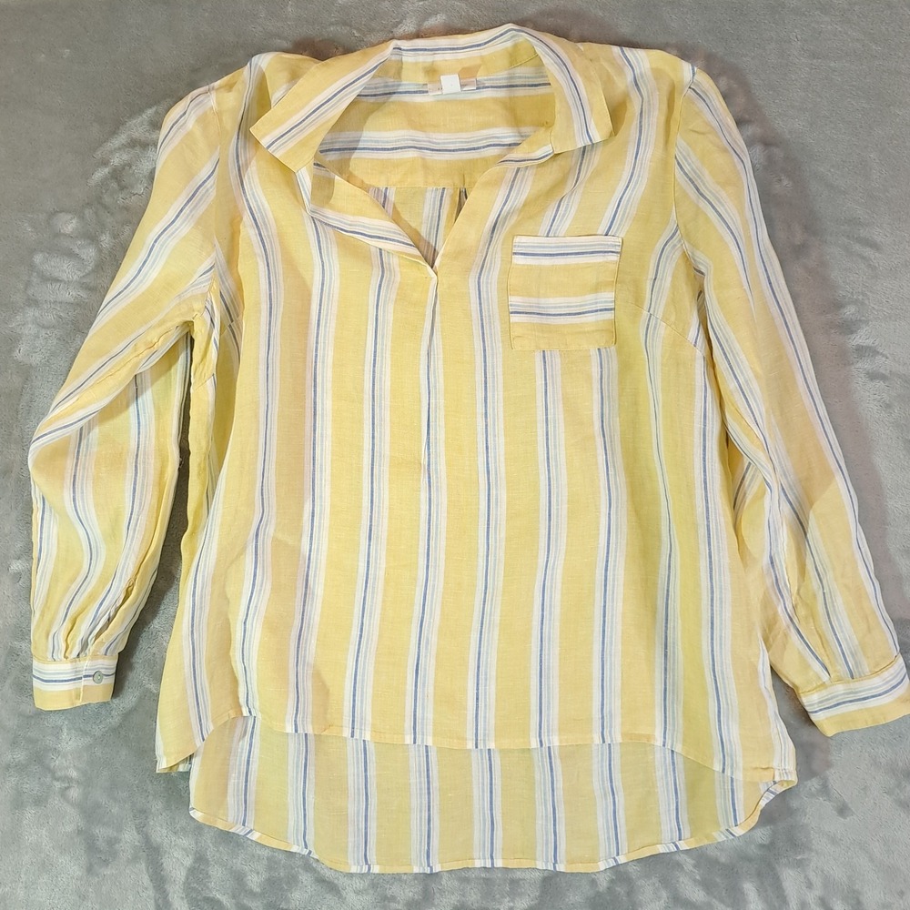 J.Jill Love Linen Yellow Stripe Popover Tunic Top Oversized Large P 100% Linen